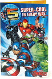 Avengers Hero 5th Birthday greeting card by UK Greetings featuring Marvel superheroes on a colorful badge design.