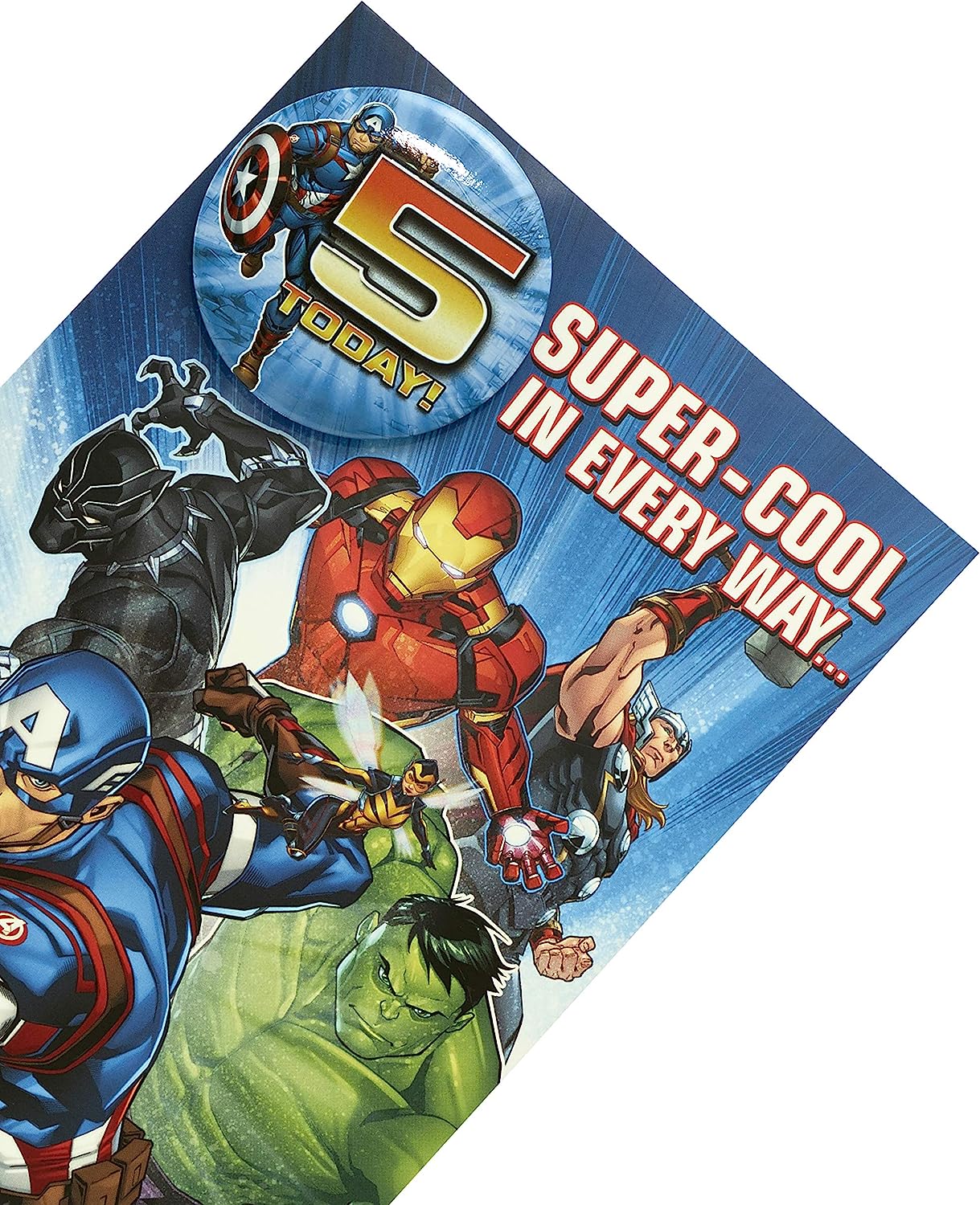 Avengers Hero 5th birthday greeting card with colorful superhero design and bold lettering, perfect for a young fan's celebration.
