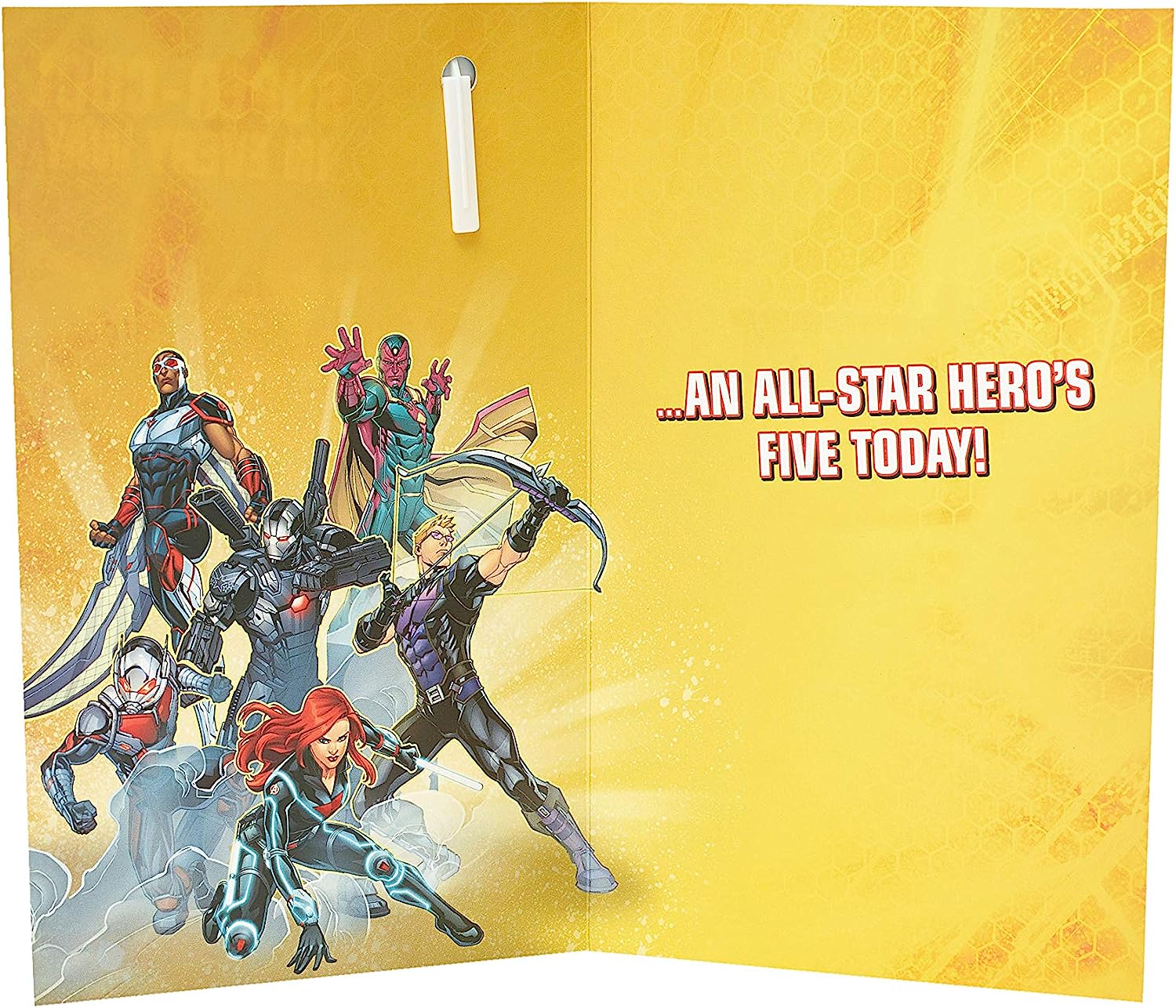 Avengers Hero 5th Birthday greeting card featuring Marvel superheroes on a colorful badge design, perfect for a child's celebration.
