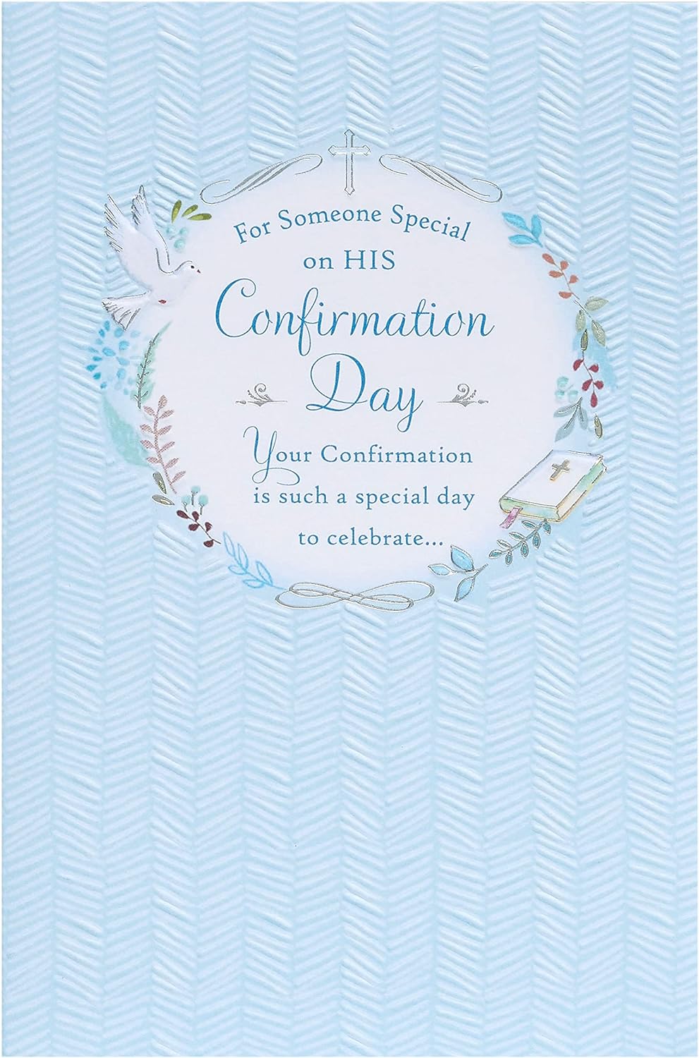 Baby blue design confirmation greeting card for boy from UK Greetings, featuring a charming, celebratory message and decorative elements.