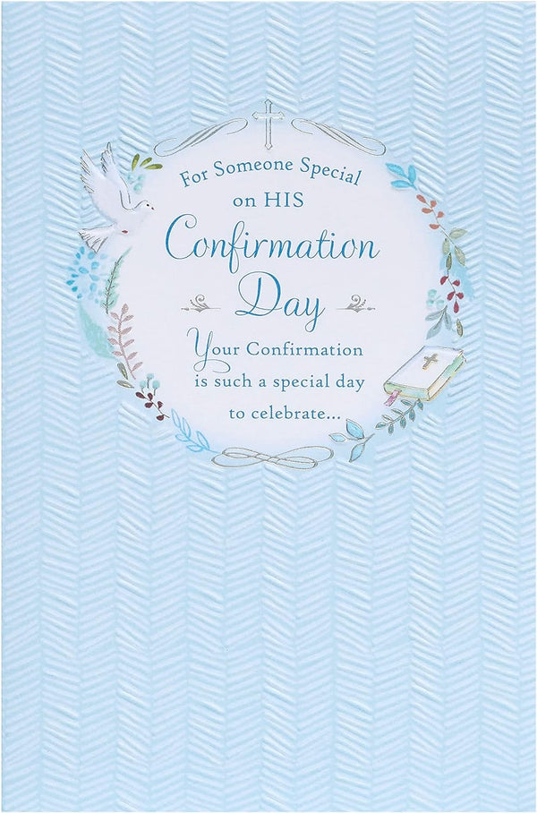 Baby blue design confirmation greeting card for boy from UK Greetings, featuring a charming, celebratory message and decorative elements.