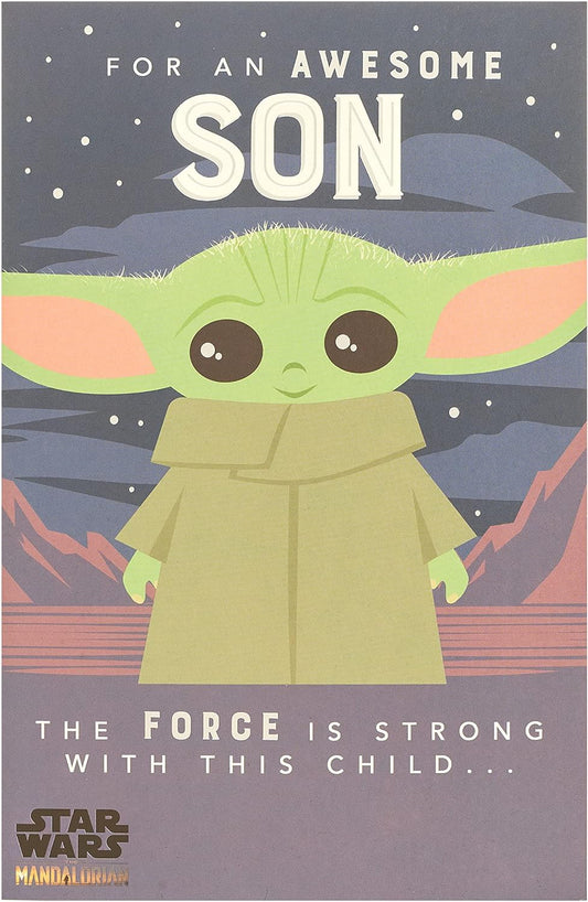 Baby Yoda Force Son birthday greeting card from UK Greetings, featuring Baby Yoda with a Force pose and space-themed design.
