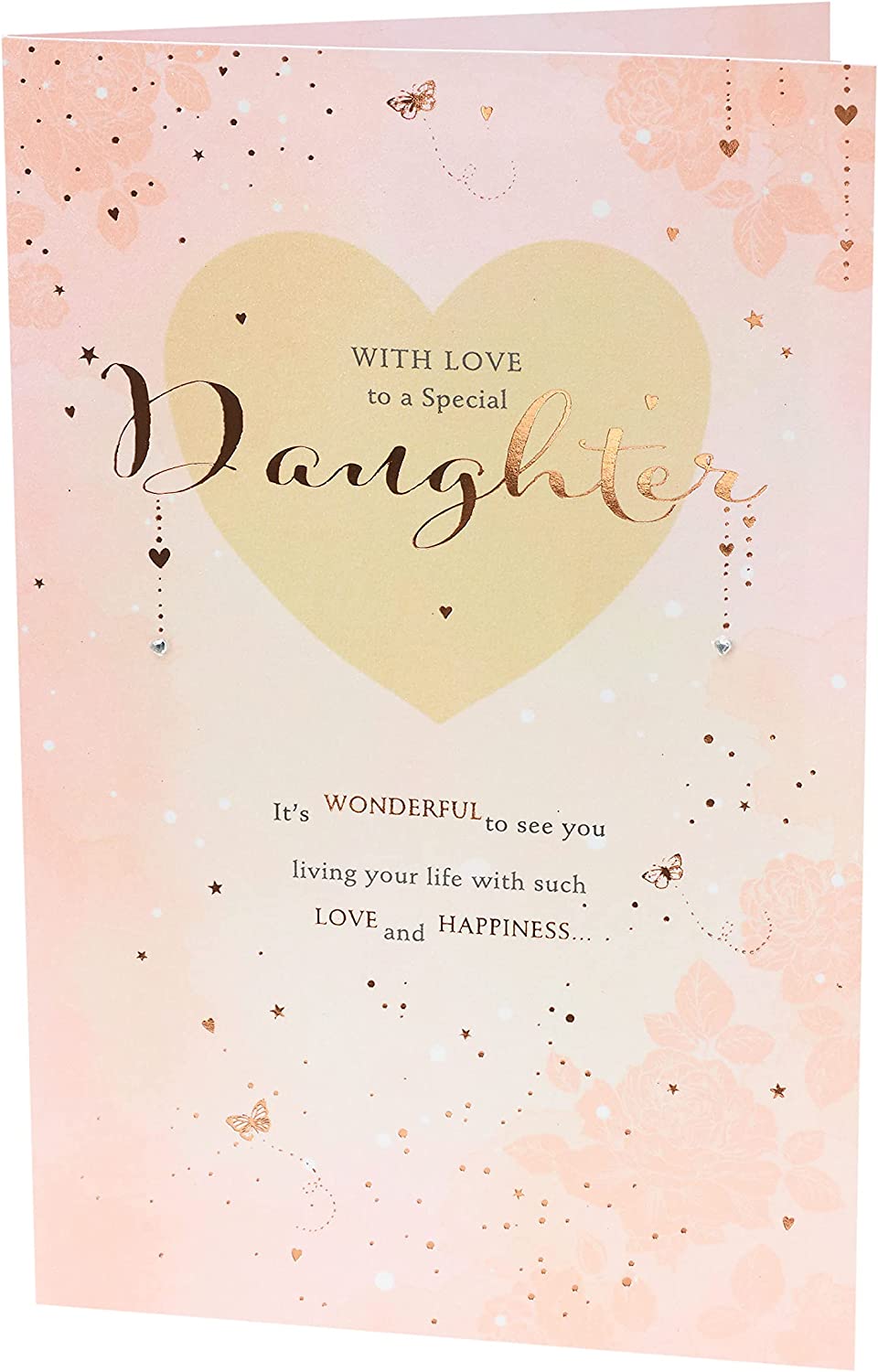 Luxury pink birthday greeting card for daughter with sentiment message and contemporary foil design by UK Greetings.