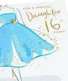 Colorful UK Greetings 16th birthday greeting card featuring a beautiful dress design for a daughter's special celebration.