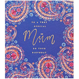 Eastern print mum birthday greeting card from UK Greetings with vibrant floral design and elegant calligraphy.