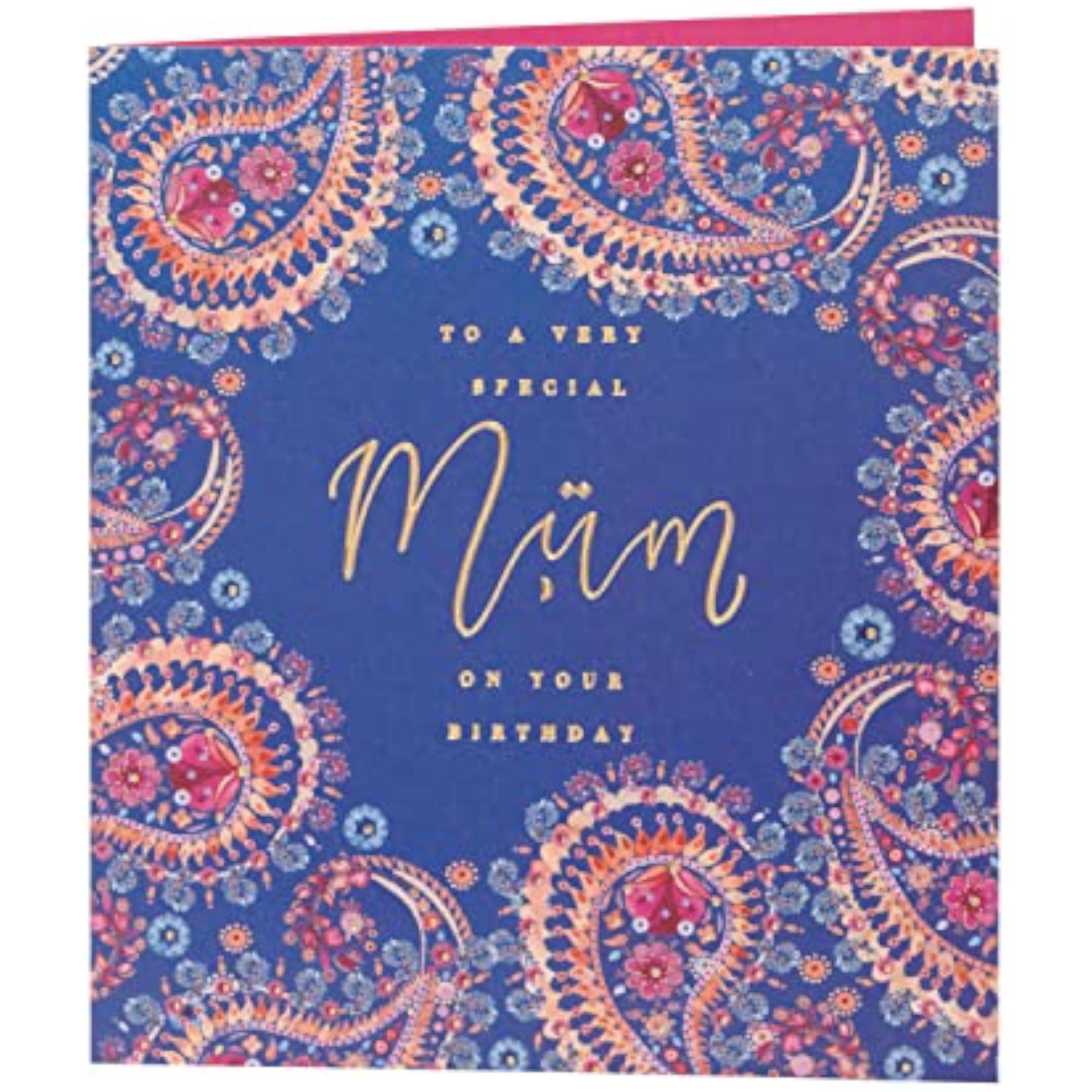 Beautiful Eastern print Mum birthday greeting card with floral design from UK Greetings, featuring vibrant colors and intricate patterns.