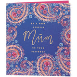 Beautiful Eastern print Mum birthday greeting card with floral design from UK Greetings, featuring vibrant colors and intricate patterns.