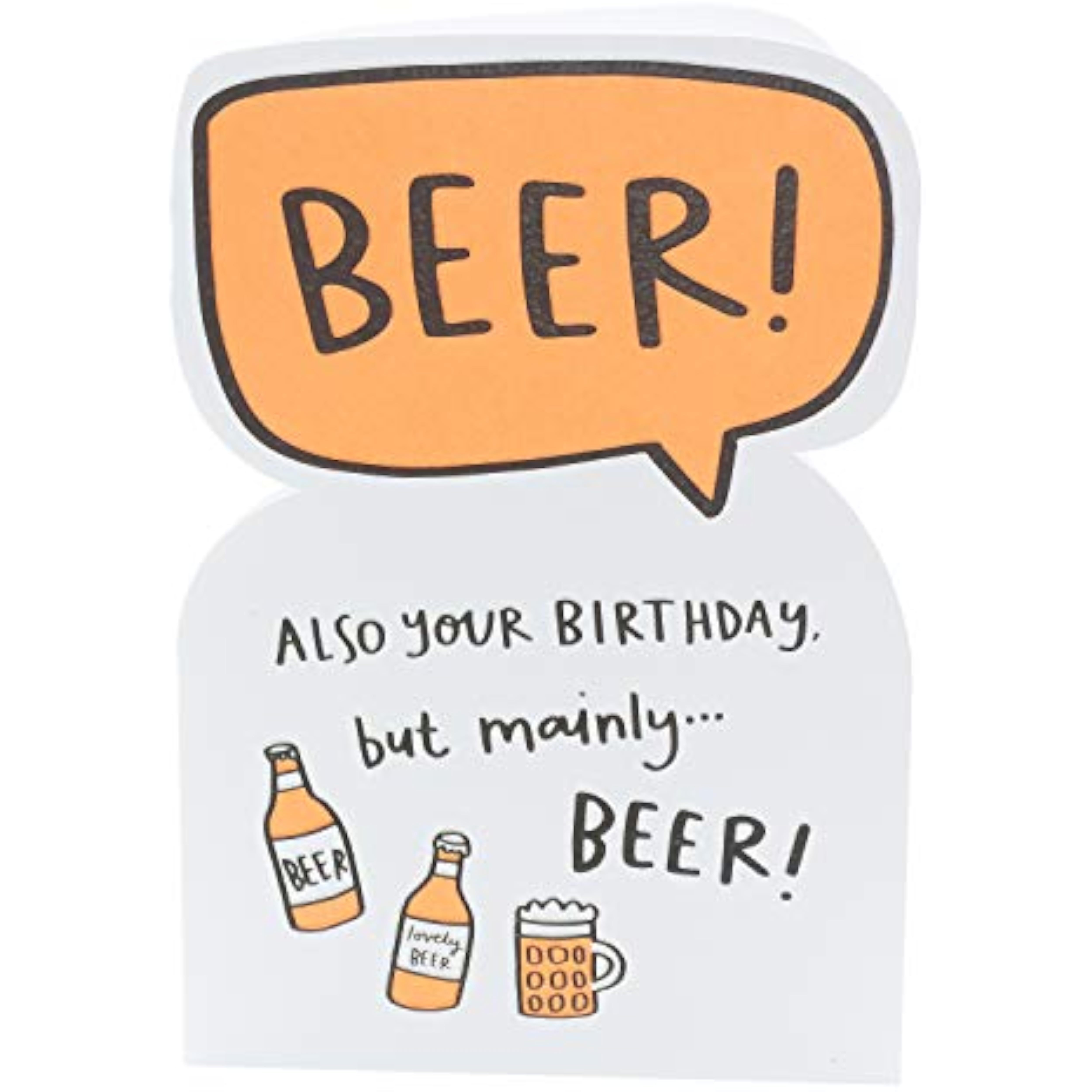 Funny birthday greeting card with a beer celebration die-cut design from UK Greetings, featuring colorful beer imagery.