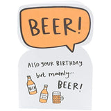 Funny birthday greeting card with a beer celebration die-cut design from UK Greetings, featuring colorful beer imagery.