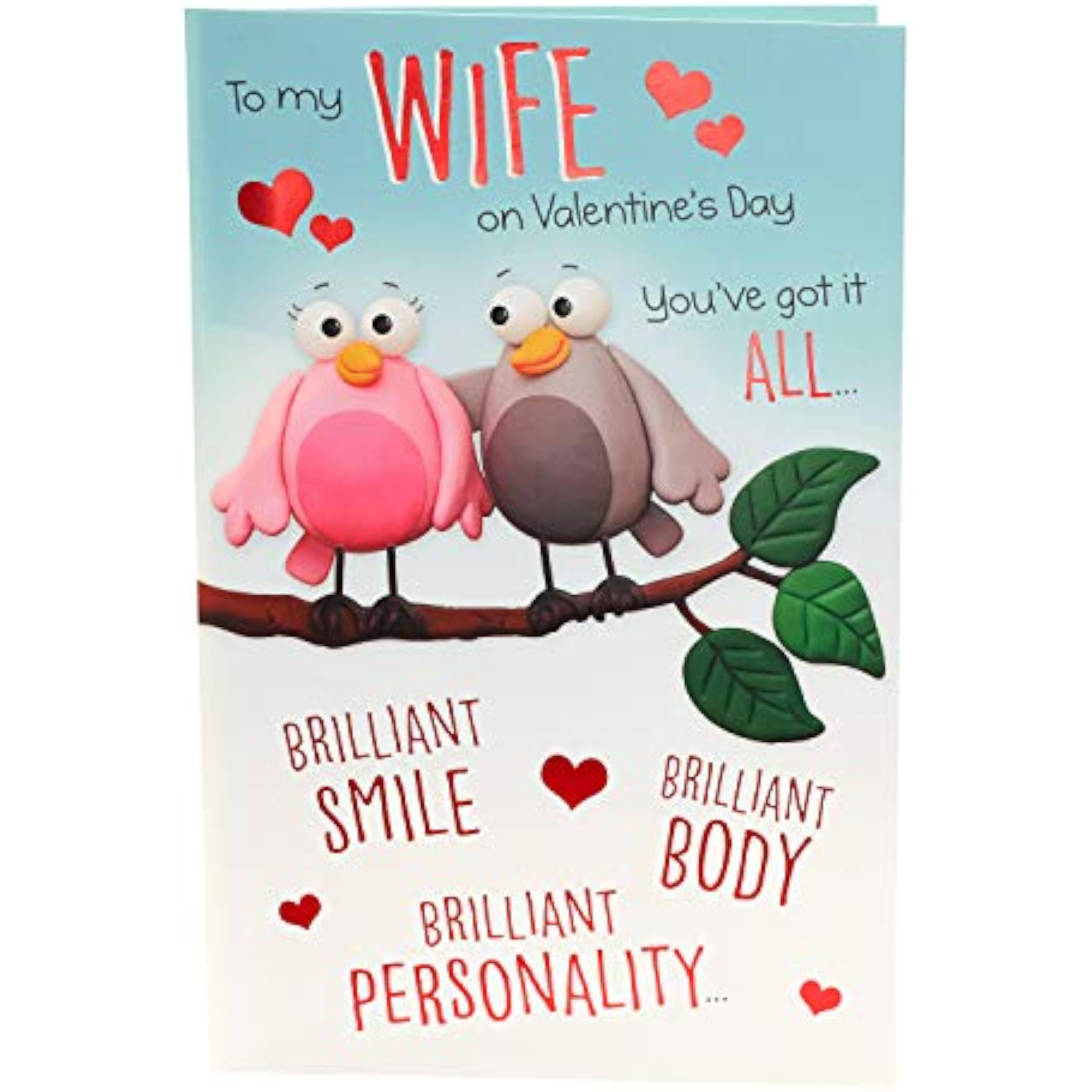 Bird cartoon wife Valentine's Day greeting card with colorful heart details and cute illustration, UK Greetings.