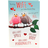 Bird cartoon wife Valentine's Day greeting card with colorful heart details and cute illustration, UK Greetings.