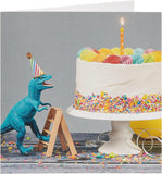 Birthday greeting card for him or a friend featuring a colorful cake and dinosaur design from UK Greetings.