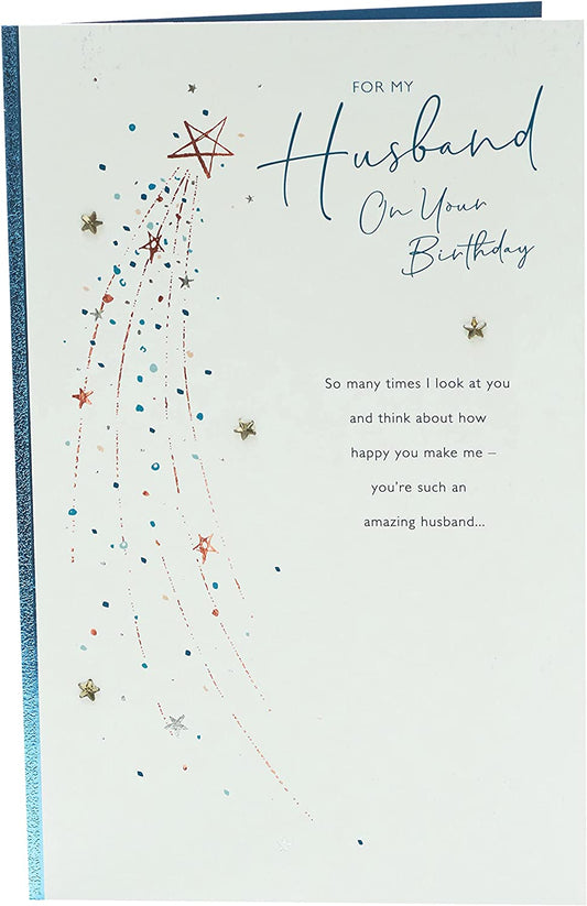 Loving birthday greeting card for husband with heartfelt words from UK Greetings, featuring colorful floral design.