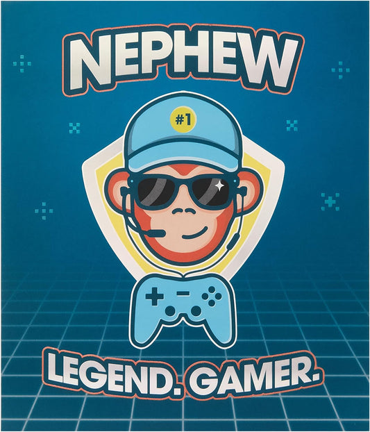 Greeting card featuring a playful monkey gamer design, perfect for a nephew's birthday from UK Greetings.