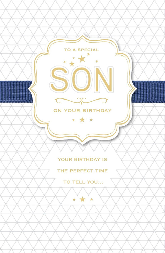 Colorful greeting card for son featuring a special birthday design from UK Greetings, with cheerful illustrations and heartfelt message.