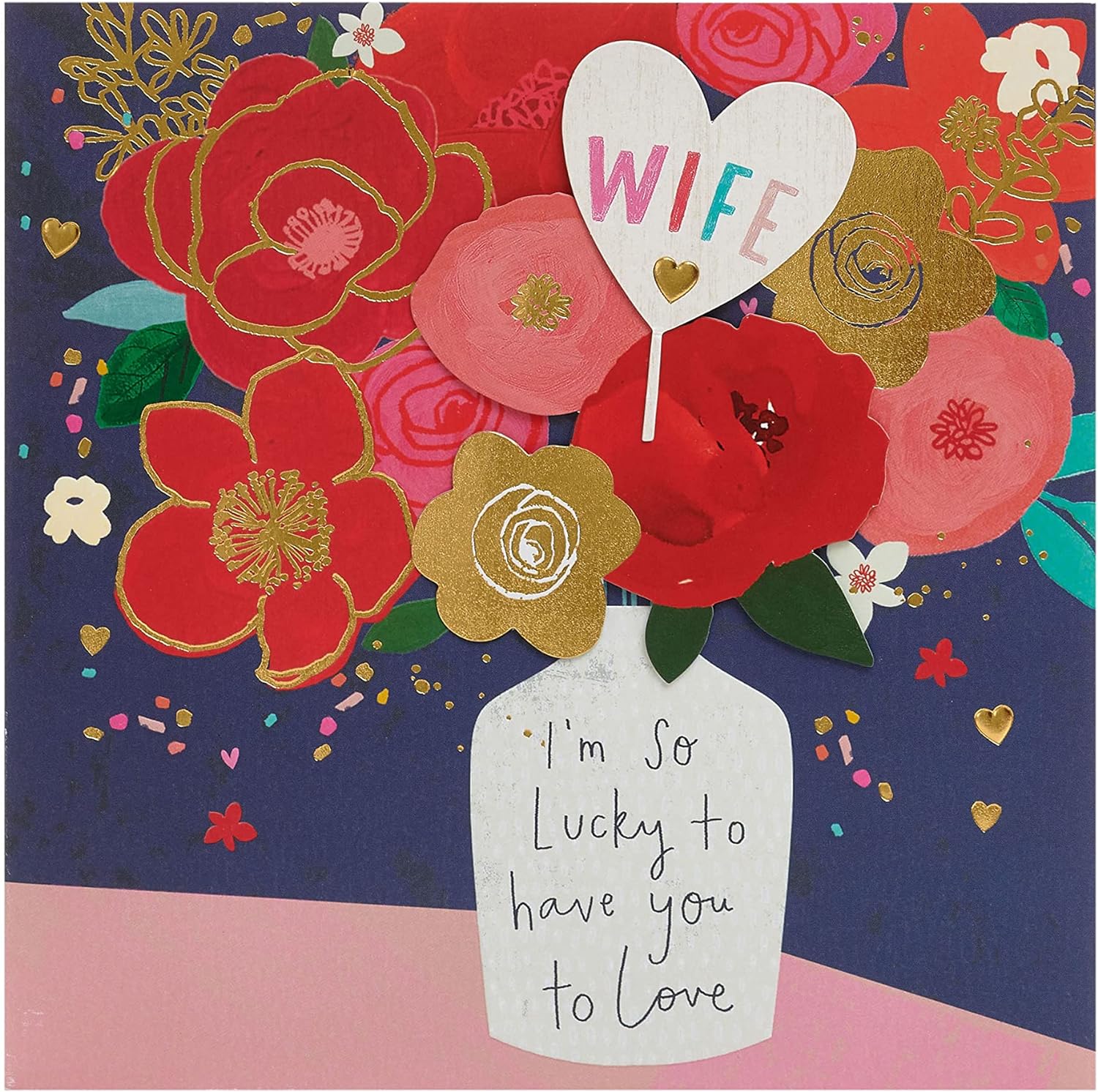 Greeting card for wife featuring a vase bouquet design, UK Greetings birthday card with floral and colorful illustration.