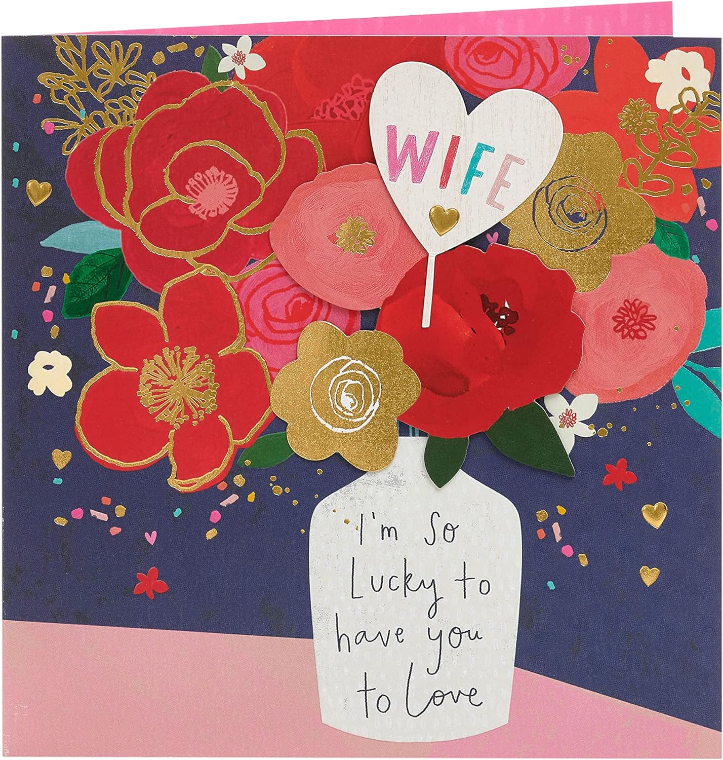 Greeting card for wife featuring a vase bouquet design, UK Greetings birthday card with colorful floral artwork.