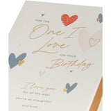 UK Greetings birthday greeting card with hearts design, featuring a heartfelt message for a loved one.
