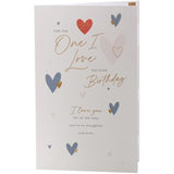 Birthday greeting card with hearts design for loved ones by UK Greetings, featuring colorful heart illustrations on the front.