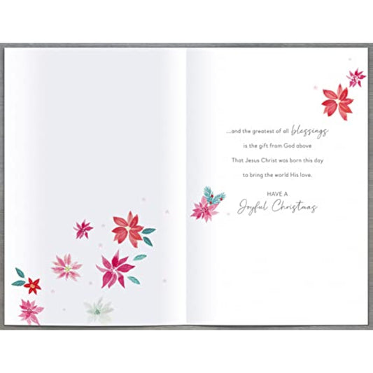 Elegant religious Christmas greeting card with festive design and blessings message, ideal for holiday greetings from UK Greetings.