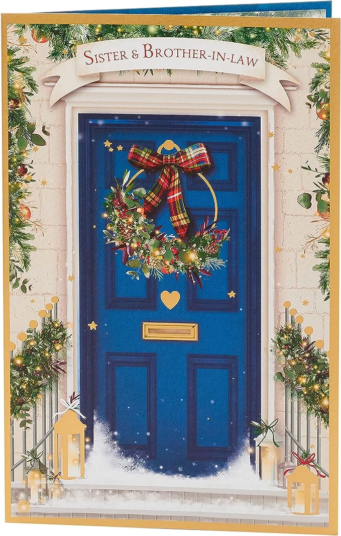 Blue door Christmas greeting card with gold foil accents for sister and brother-in-law from UK Greetings.