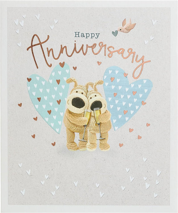 UK Greetings Boofle anniversary greeting card with copper foil detail featuring a cute cartoon dog and floral design.