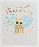 UK Greetings Boofle anniversary greeting card with copper foil detail featuring a cute cartoon dog and floral design.
