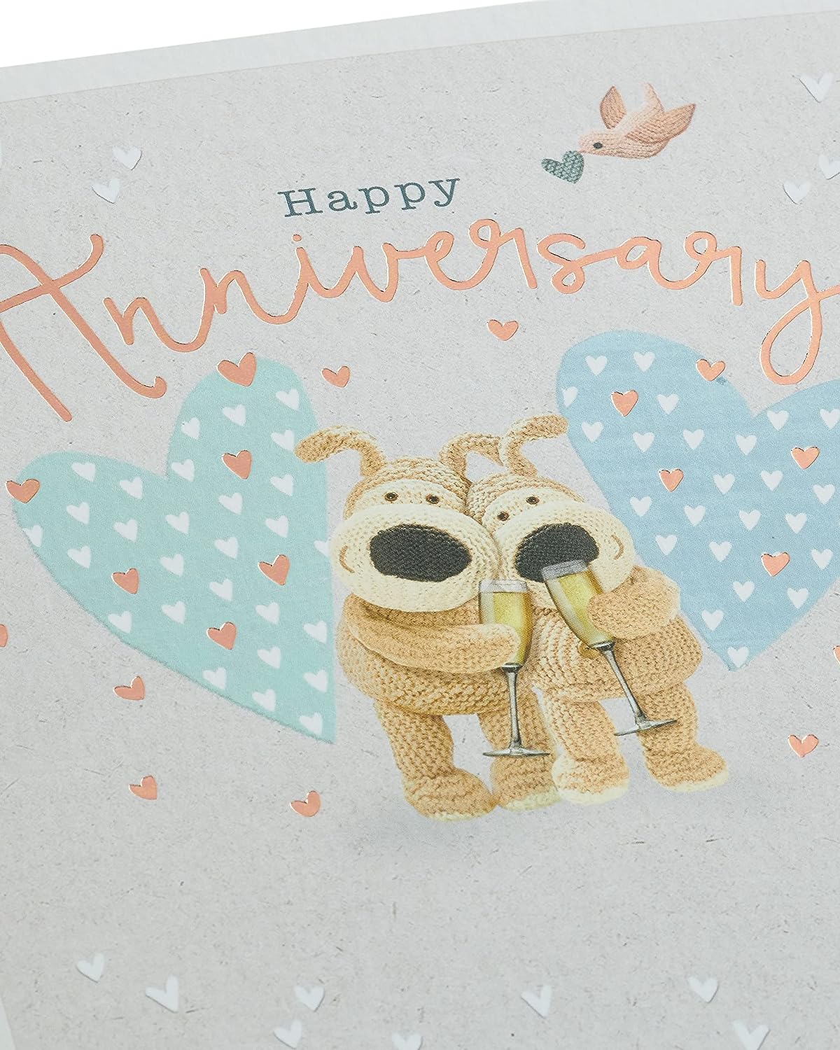 Boofle anniversary greeting card by UK Greetings featuring adorable design with copper foil detail and festive embellishments.