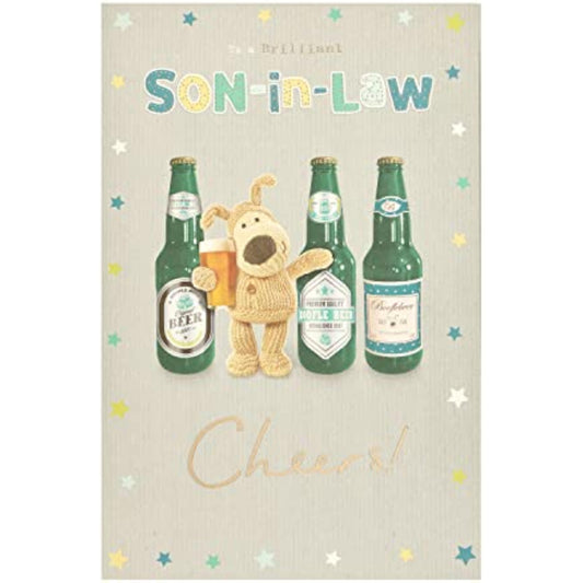 Boofle Beer Cheers Son-in-Law birthday greeting card from UK Greetings, featuring cheerful cartoon dog with beer and birthday elements.