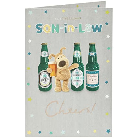 Boofle Beer Cheers Son-in-Law birthday greeting card from UK Greetings with colorful festive design and cheerful message.