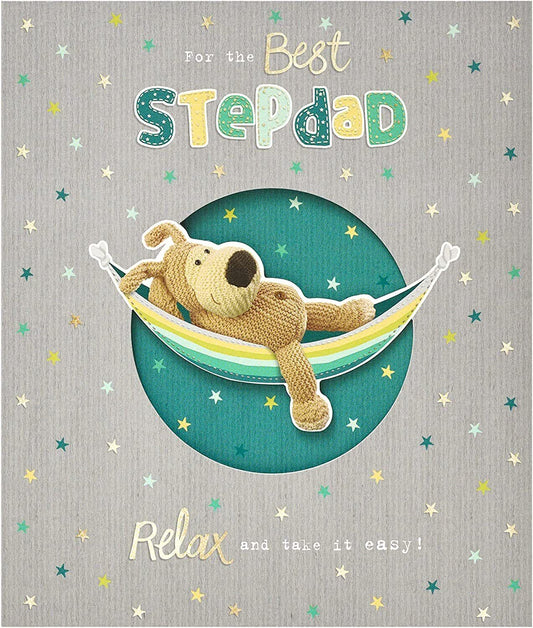 UK Greetings Boofle birthday greeting card for best stepdad, featuring colorful cartoon design and cheerful message.