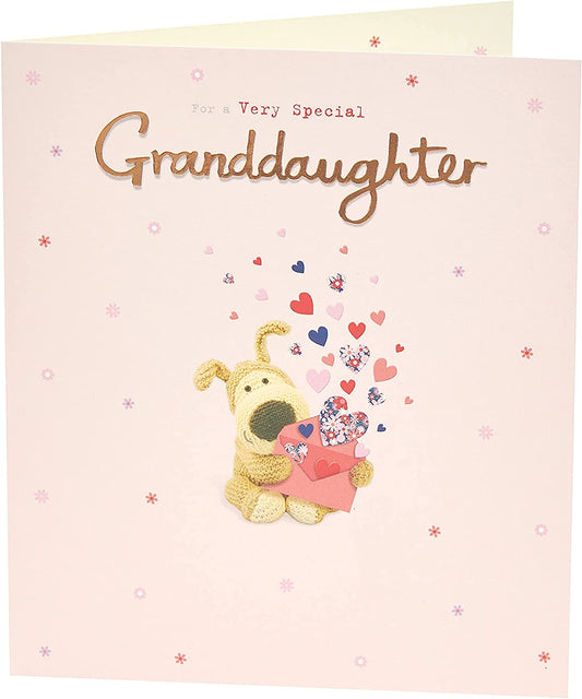 Colorful Boofle birthday greeting card for granddaughter from UK Greetings, featuring playful illustrations and cheerful design.