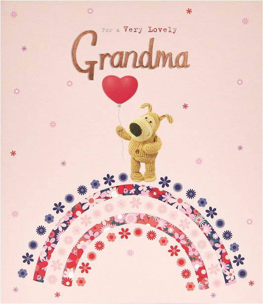 Boofle birthday greeting card for grandma with envelope, featuring a sweet design and balloon decorations.