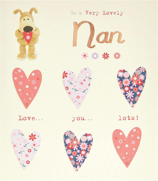 Cute Boofle birthday greeting card for Nan by UK Greetings, featuring a charming design holding a heart with envelope