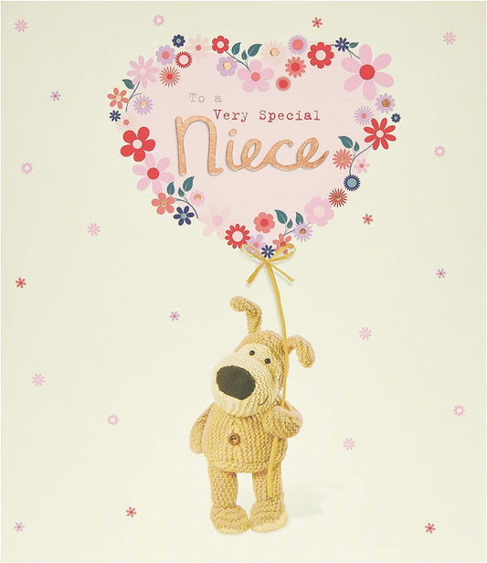 UK Greetings Boofle birthday greeting card for niece with a big flower balloon design and envelope, 159mm x 184mm.