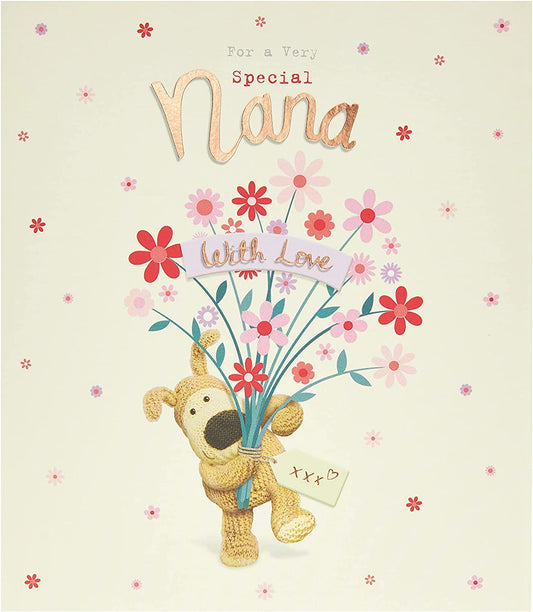 Colorful Boofle bouquet of flowers Nana birthday greeting card by UK Greetings, featuring cheerful floral design and cute character artwork.