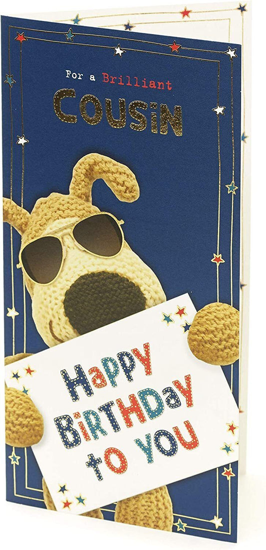 Bright Boofle Brilliant Cousin Boy birthday greeting card with colorful illustrations, perfect for celebrating a special occasion.