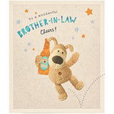 UK Greetings Boofle brother-in-law birthday greeting card featuring adorable character design and colorful festive decorations.