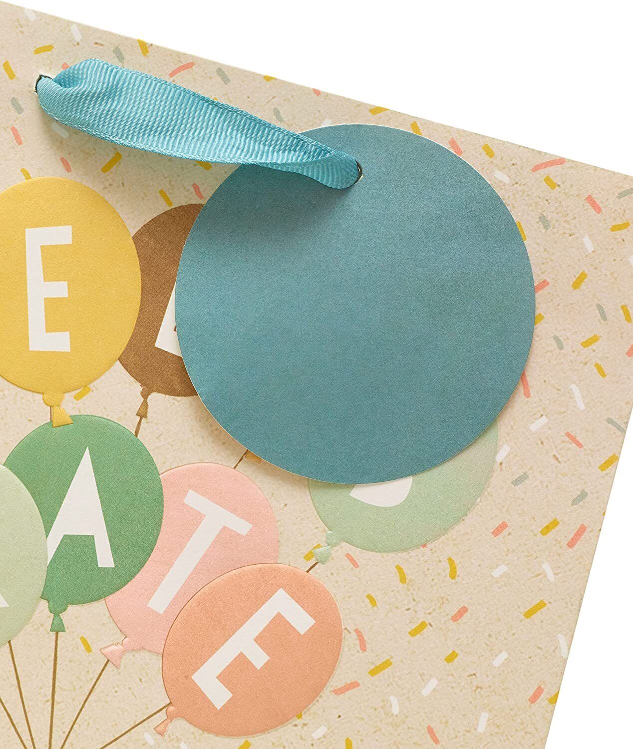 Medium Boofle Celebrate gift bag featuring a colorful greeting card design with cheerful floral and character illustrations.