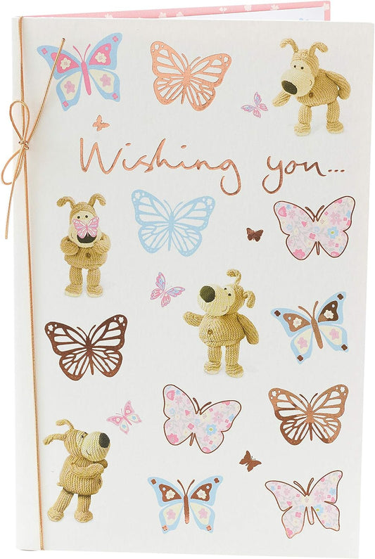 Colorful Boofle butterflies birthday greeting card with vibrant butterfly illustrations, perfect for celebrating special occasions.