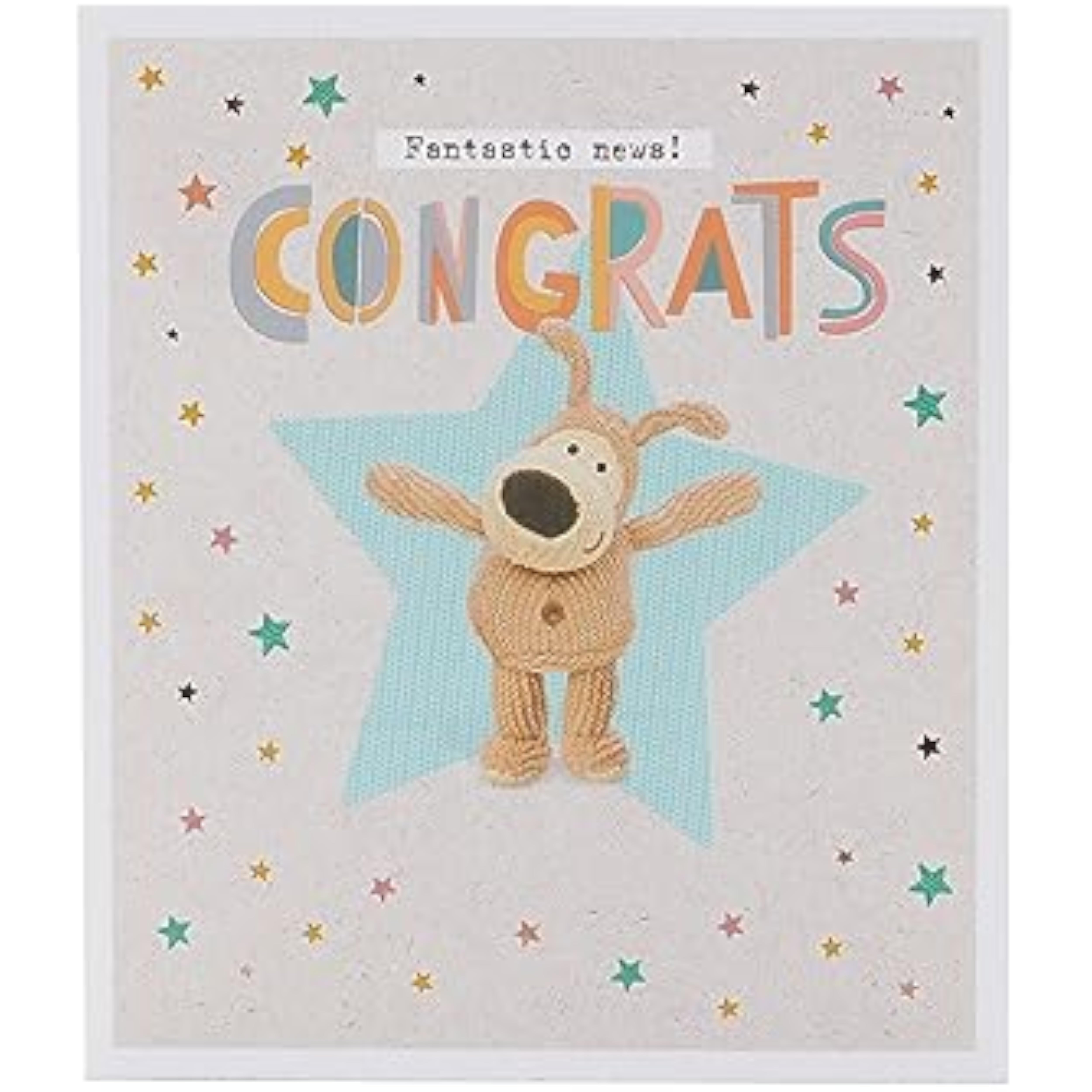 Cute Boofle congratulations greeting card with copper foil accents, featuring a charming design and UK Greetings branding.