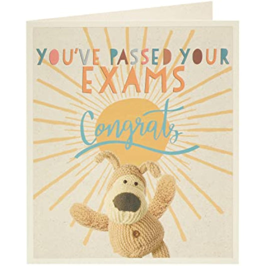 UK Greetings Boofle exam pass congratulation greeting card featuring a cute Boofle character and cheerful design.
