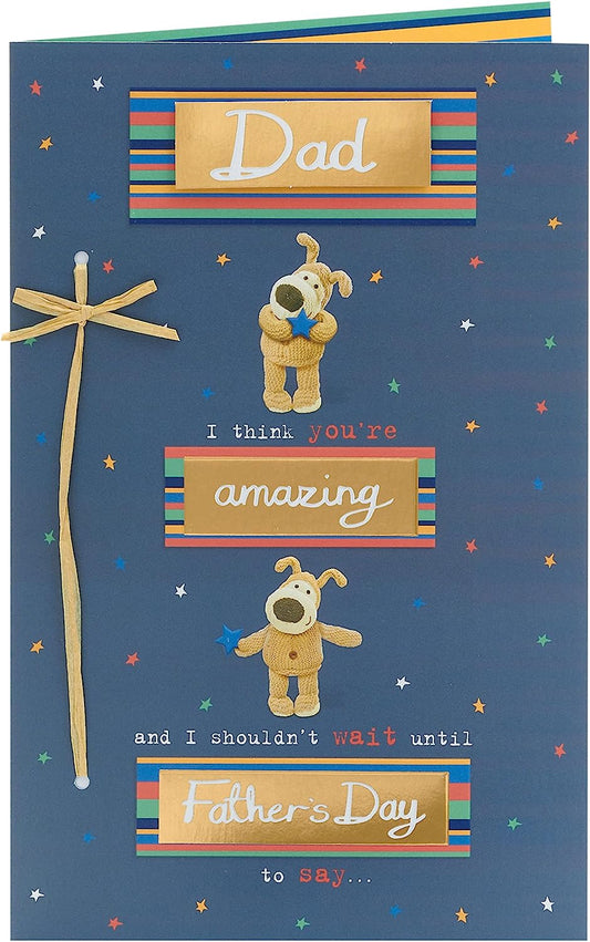 Boofle Father's Day greeting card for dad by UK Greetings, featuring colorful cartoon design and heartfelt message inside.