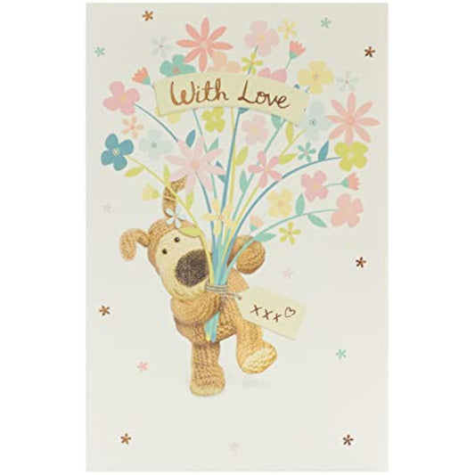 Colorful Boofle Flowers birthday greeting card with floral design from UK Greetings, featuring cheerful illustrations for celebrating.