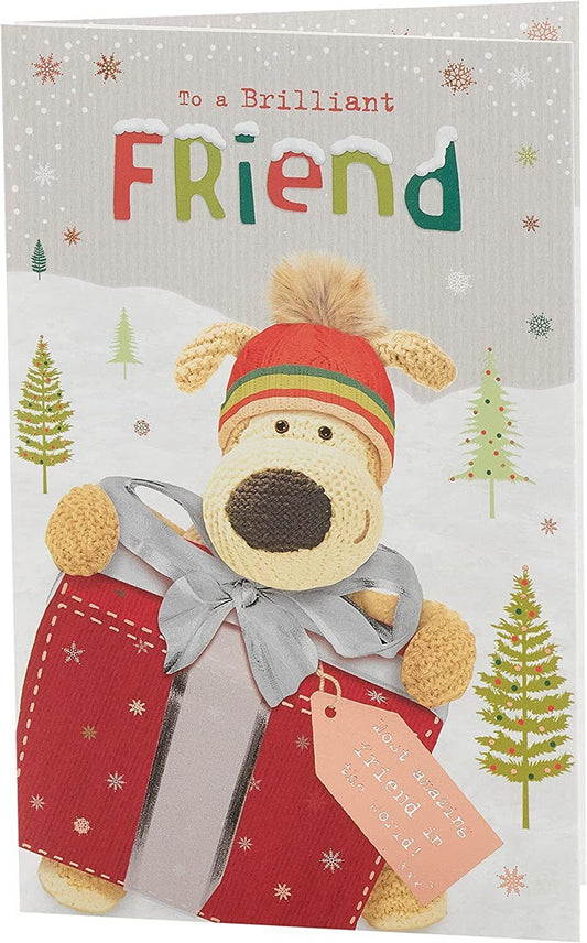 Cute Boofle Friend Christmas greeting card with presents design from UK Greetings, featuring festive holiday imagery.