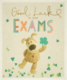 Gold Boofle Good Luck Exams greeting card from UK Greetings, featuring cheerful illustrations for exam success.