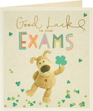 Gold Good Luck Exams greeting card featuring Boofle from UK Greetings with cheerful design for students taking exams.