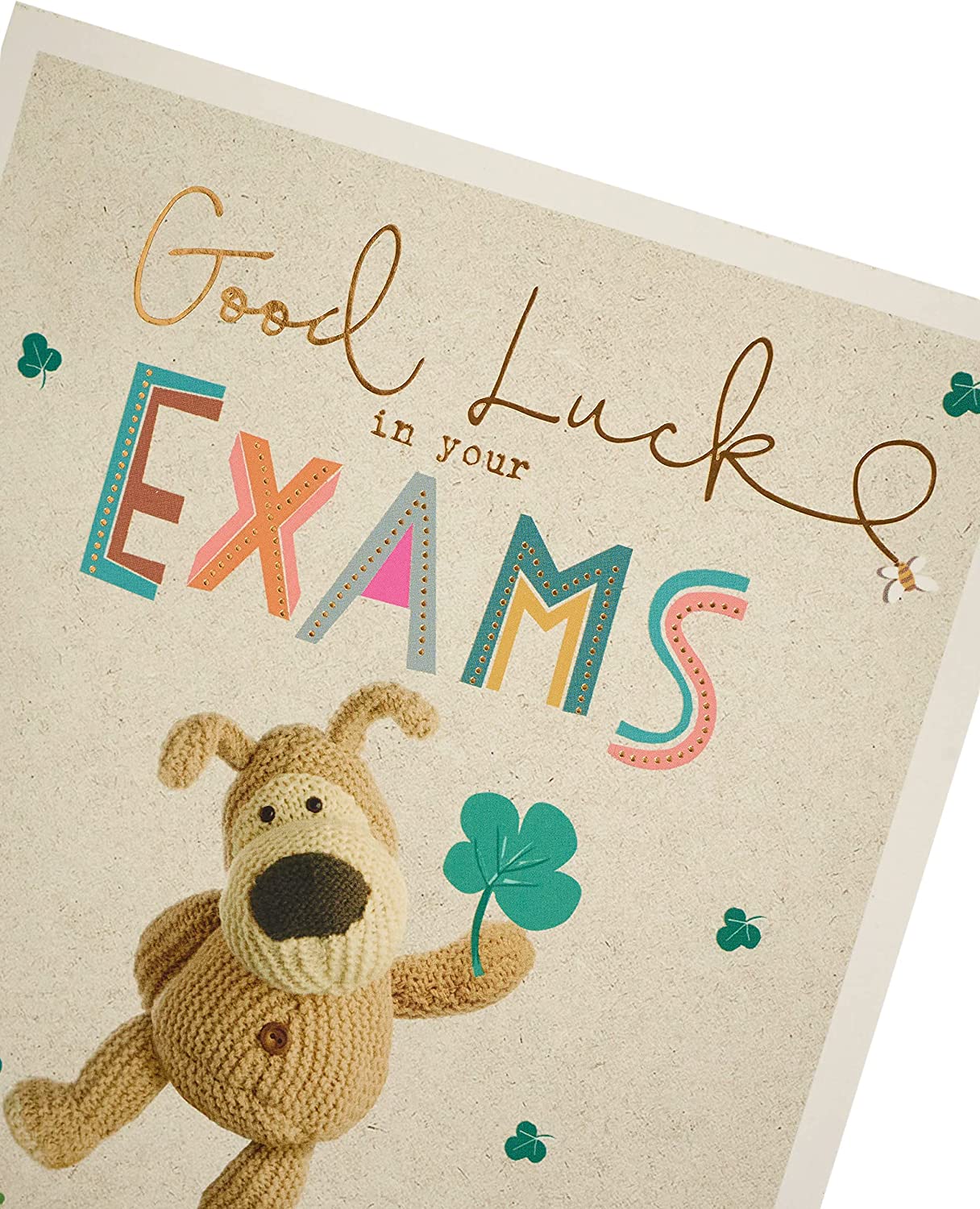 Gold Boofle Good Luck Exams greeting card from UK Greetings, featuring colorful illustrations and a cheerful design.