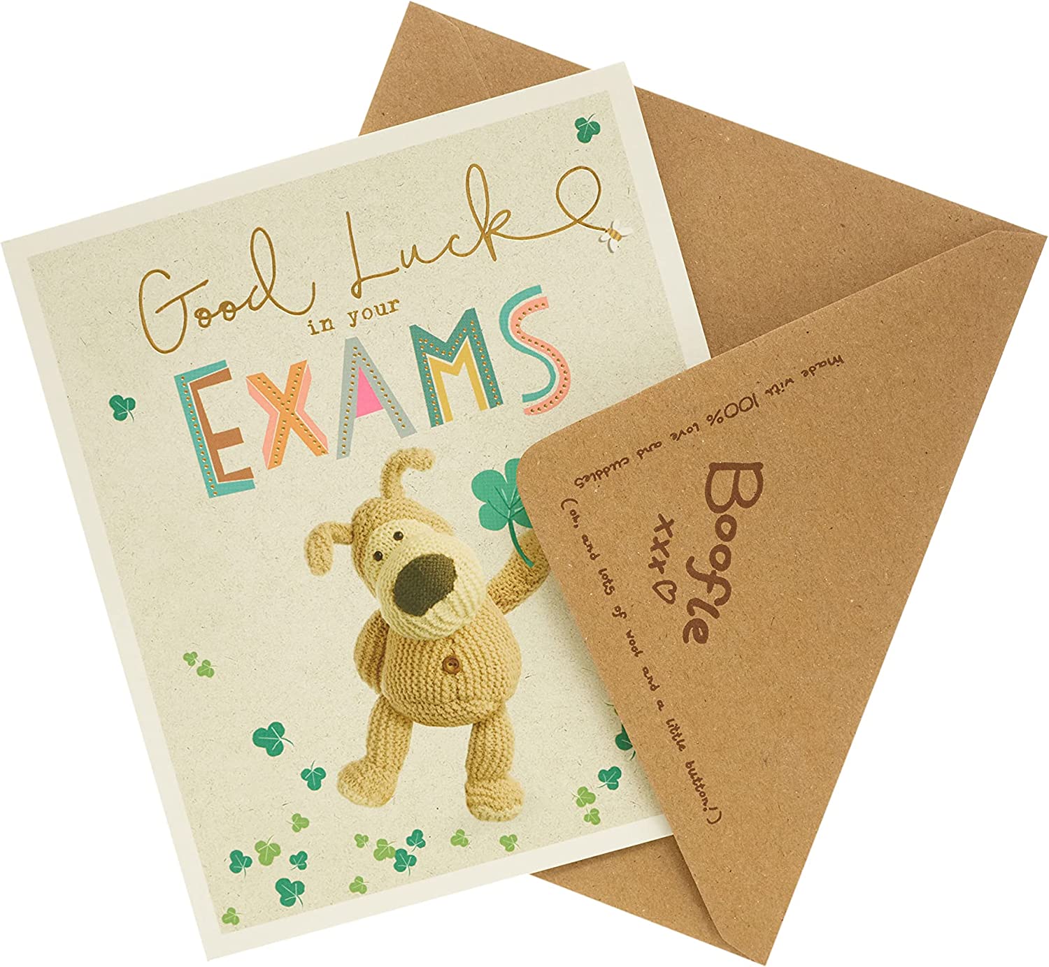 UK Greetings Boofle Gold Good Luck Exams greeting card featuring a cute Boofle character with gold accents and encouraging message.