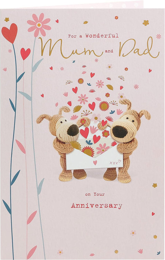 Boofle Mum & Dad anniversary greeting card by UK Greetings featuring cute cartoon characters and floral design.